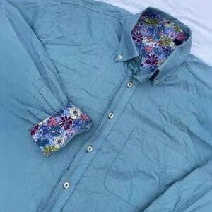 Alan Flusser Blue Cotton Stretch Button Down Dress Shirt Floral Accents Size XL